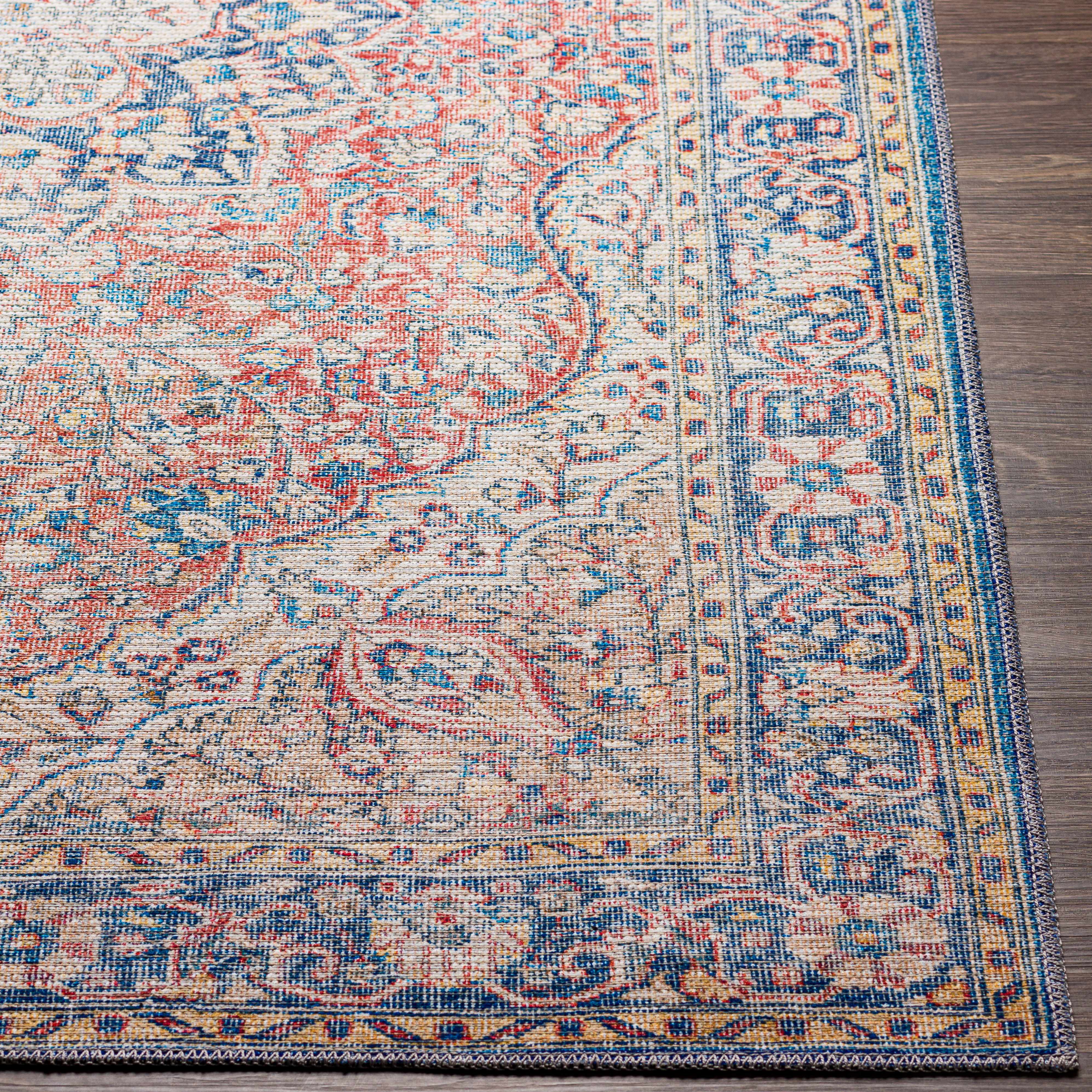 Distressed Red & Blue Washable Rug