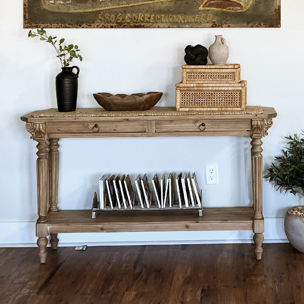 55 Inch Hand Carved Wood Console Table with Drawers