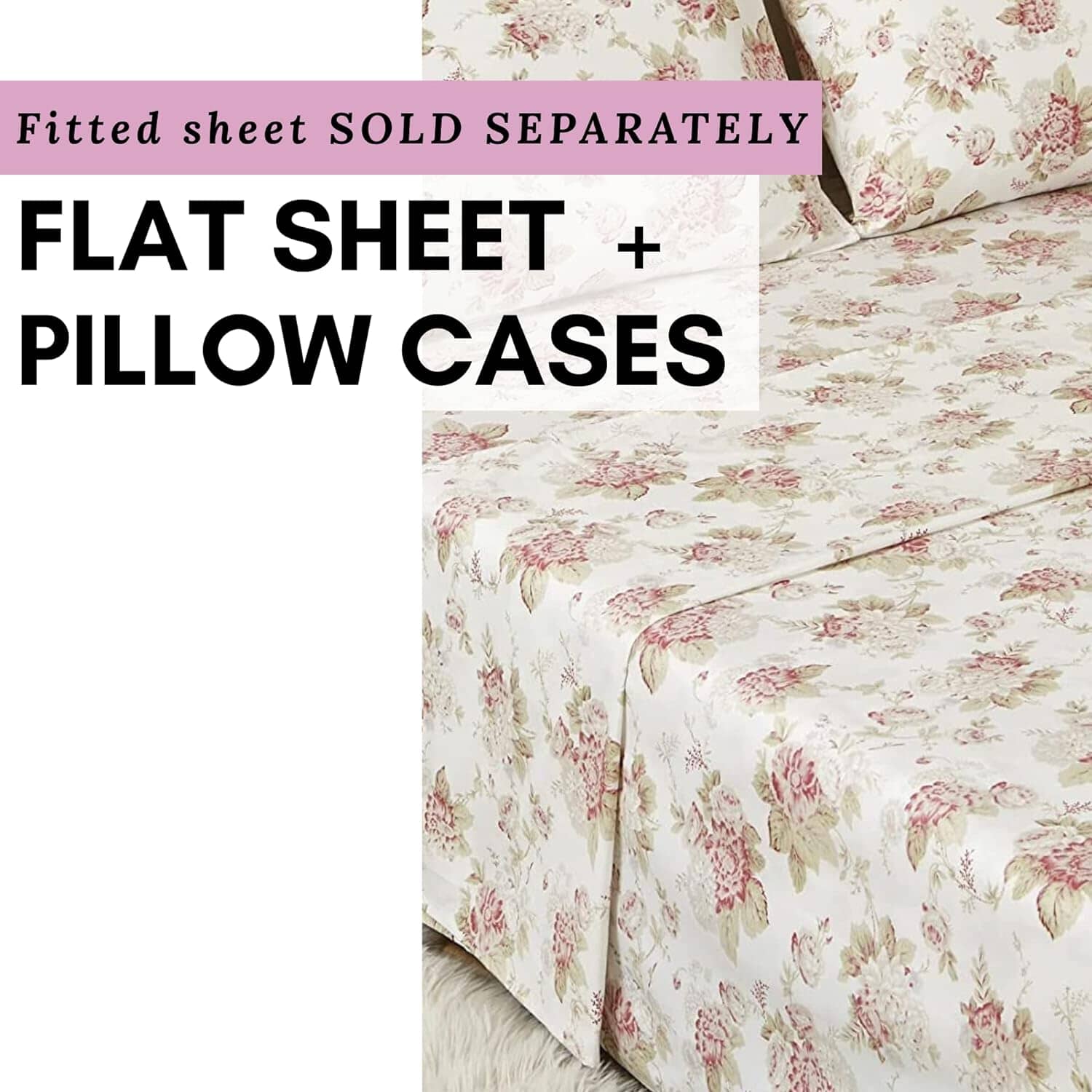 Hint of Mint Dainty Cottage Floral Roses Cotton Flat Sheet Only w/ Pillow Case