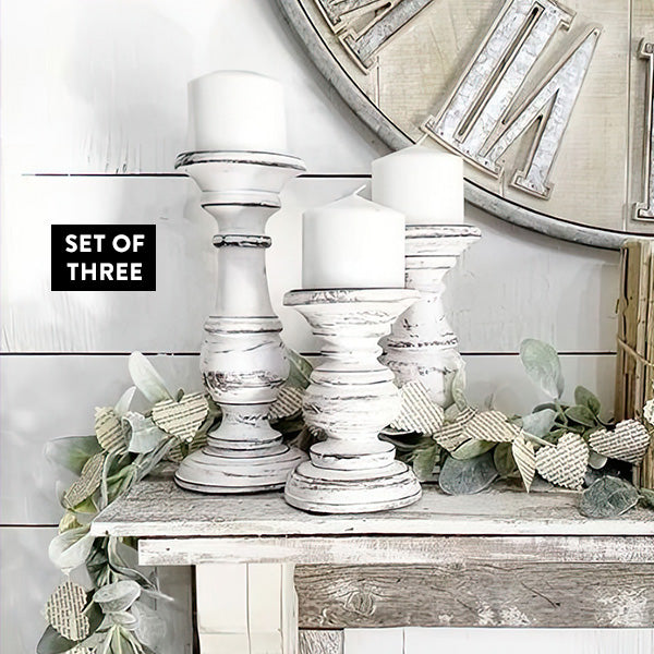 Large Wooden Vintage Candle Holders, Set of 3