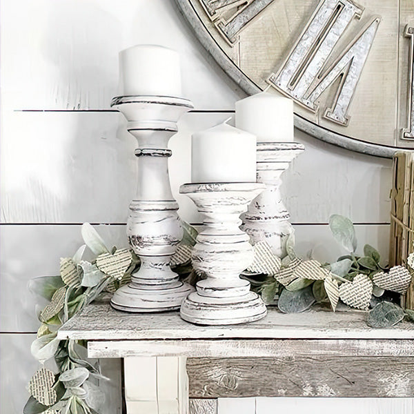 Large Wooden Vintage Candle Holders, Set of 3