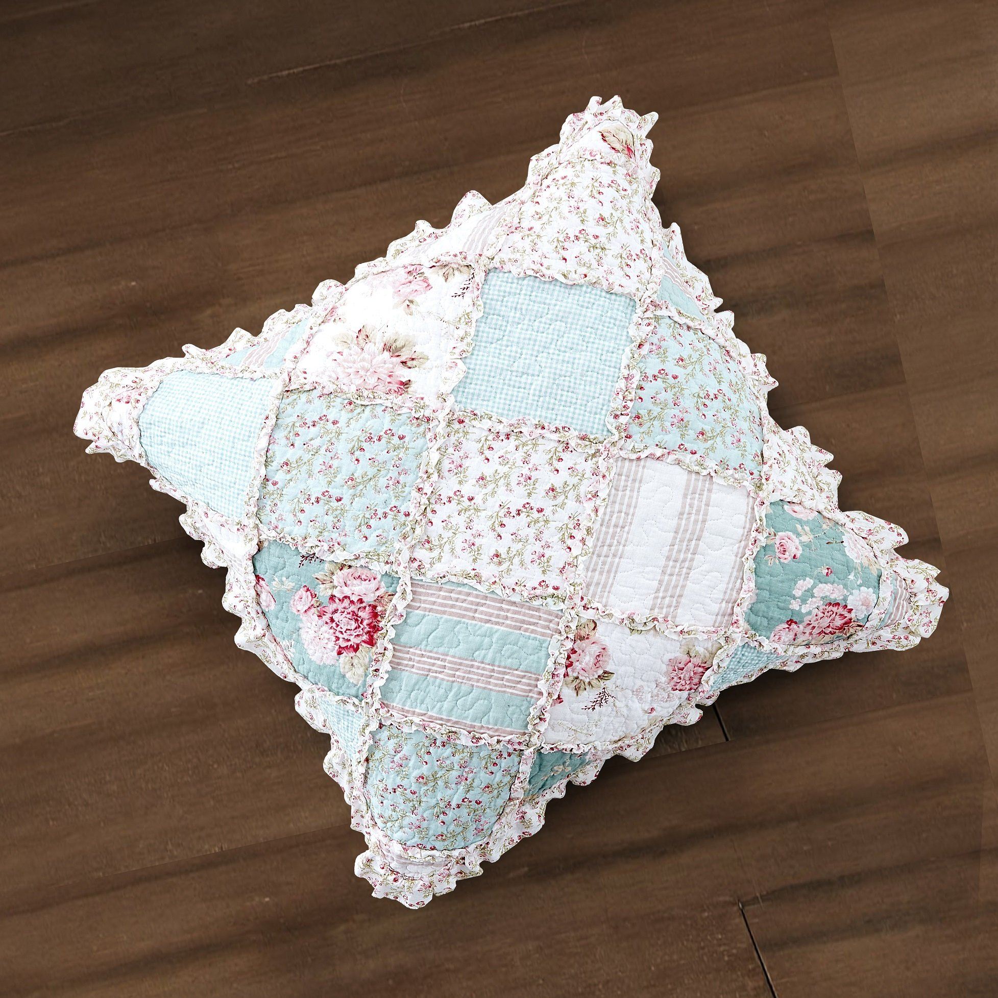 Patchwork Hint of Mint Floral Cotton Patchwork Euro Pillow Cover, 26" x 26"