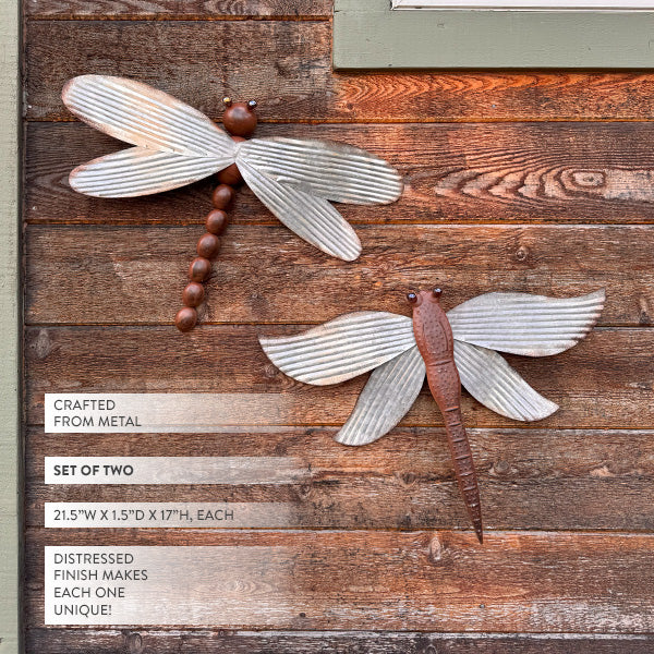 Large Shimmering Metal Dragonfly Wall Accents, Set of 2