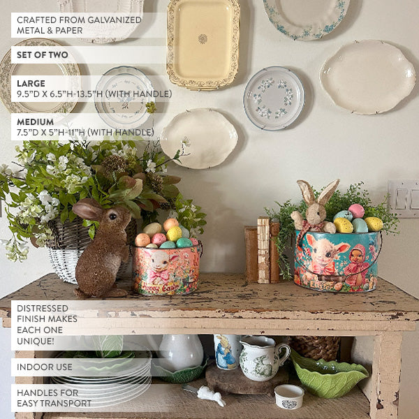 Vintage-Inspired Happy Easter Metal Buckets, Set of 2