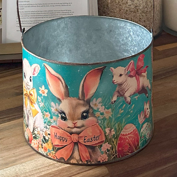 Vintage-Inspired Happy Easter Metal Buckets, Set of 2