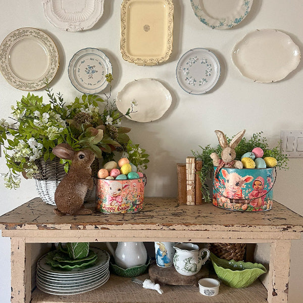 Vintage-Inspired Happy Easter Metal Buckets, Set of 2