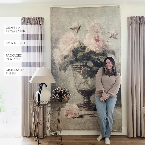 Oversized Light Pink Roses in Vases Paper Wall Tapestry