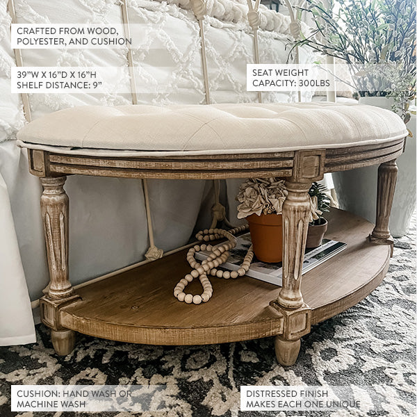 Vintage Hand-Tufted Semi-Circular Bench with Shelf