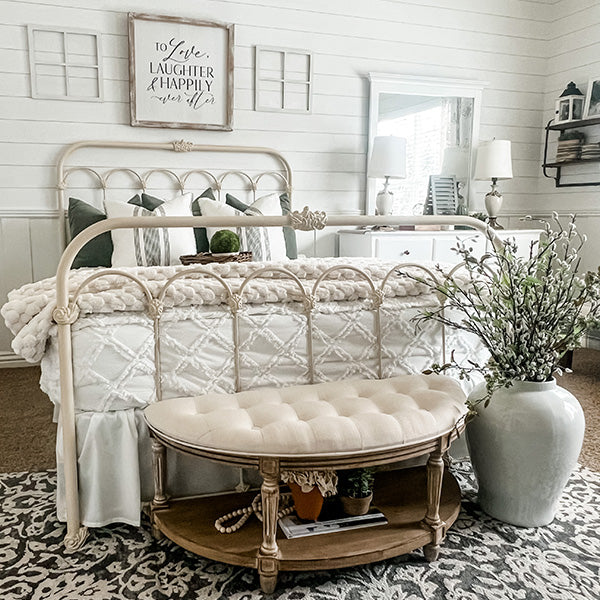 Vintage Hand-Tufted Semi-Circular Bench with Shelf