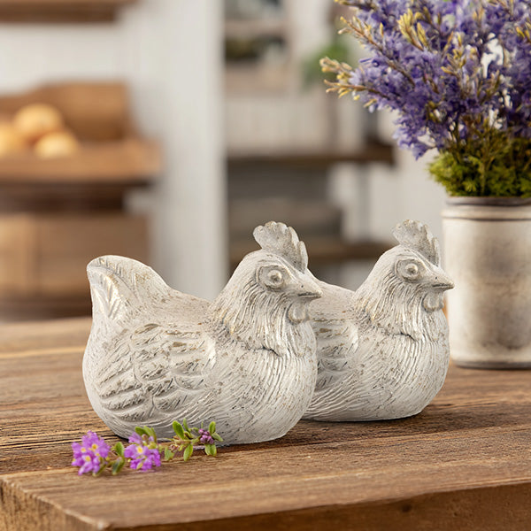 Weathered White Farmhouse Hens, Set of Two