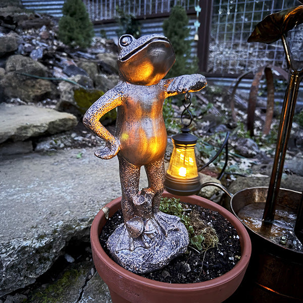 Light Up LED Aged Bronze Frog with Lantern