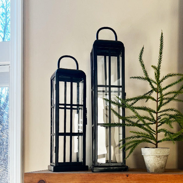 Large Black Metal Frame Outdoor Tempered Glass Lanterns, Set of Two
