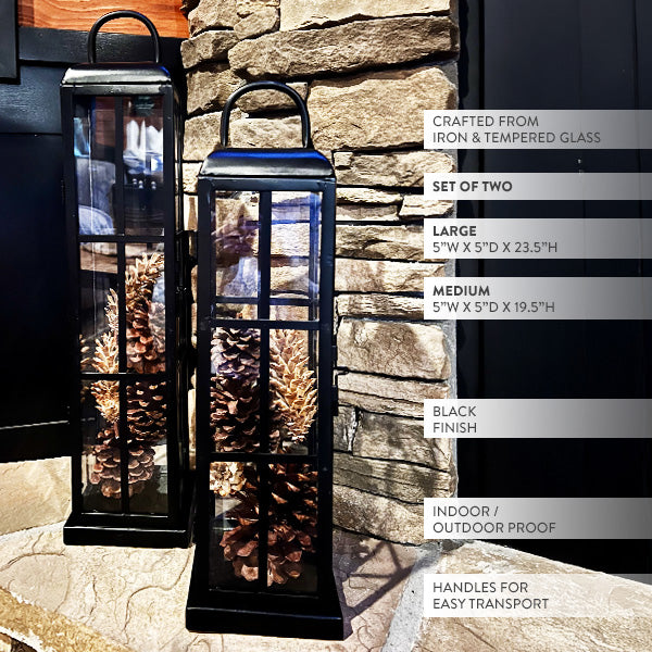 Large Black Metal Frame Outdoor Tempered Glass Lanterns, Set of Two