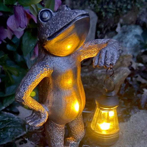 Light Up LED Aged Bronze Frog with Lantern