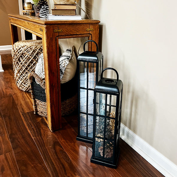 Large Black Metal Frame Outdoor Tempered Glass Lanterns, Set of Two