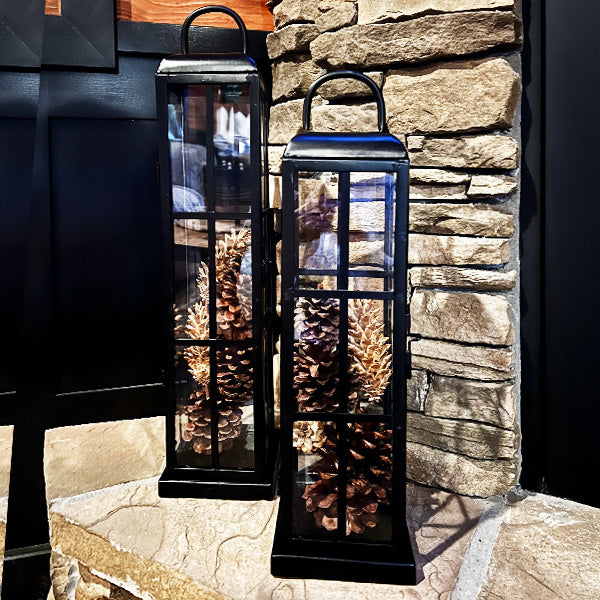 Large Black Metal Frame Outdoor Tempered Glass Lanterns, Set of Two