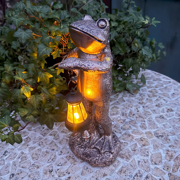 Light Up LED Aged Bronze Frog with Lantern
