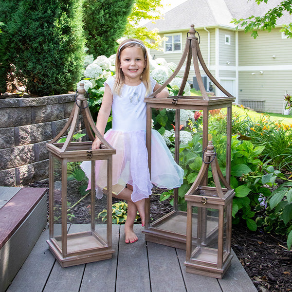 Large Wooden Nesting Glass Outdoor Lanterns, Set of 3