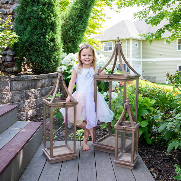 Large Wooden Nesting Glass Outdoor Lanterns, Set of 3