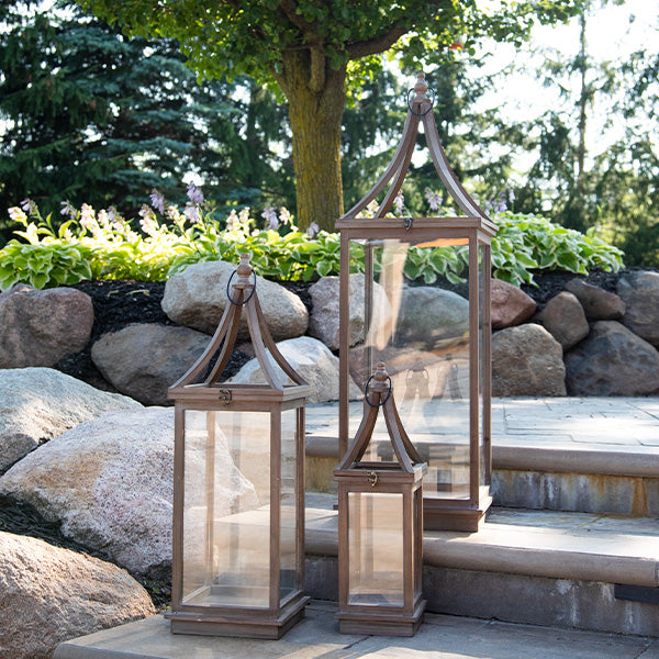 Large Wooden Nesting Glass Outdoor Lanterns, Set of 3
