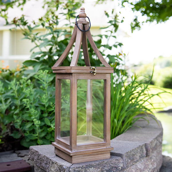 Large Wooden Nesting Glass Outdoor Lanterns, Set of 3