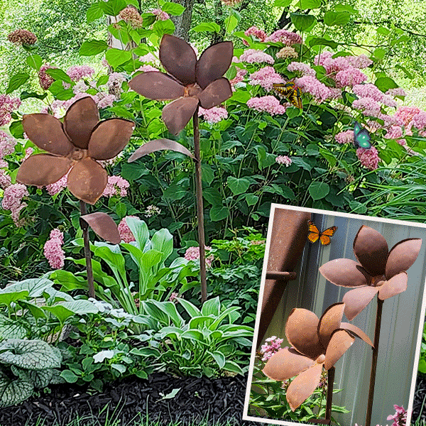 HUGE Rusted Patina Metal Flower Garden Stakes, Set of 2