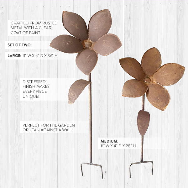 HUGE Rusted Patina Metal Flower Garden Stakes, Set of 2