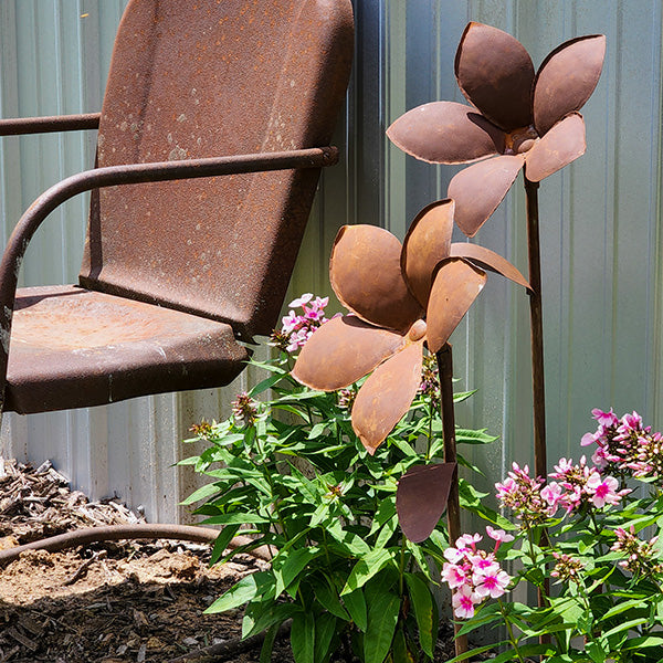 HUGE Rusted Patina Metal Flower Garden Stakes, Set of 2