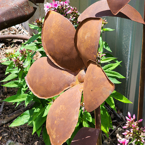 HUGE Rusted Patina Metal Flower Garden Stakes, Set of 2