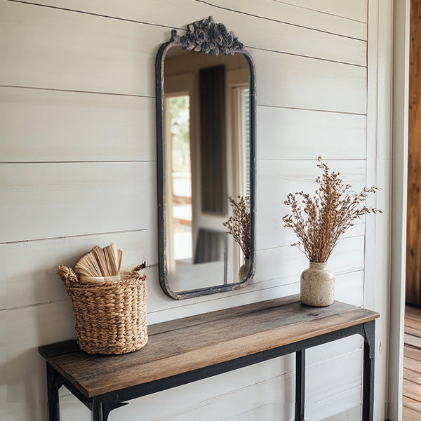 Antique Inspired Rectangular Metal Mirror with Flowers