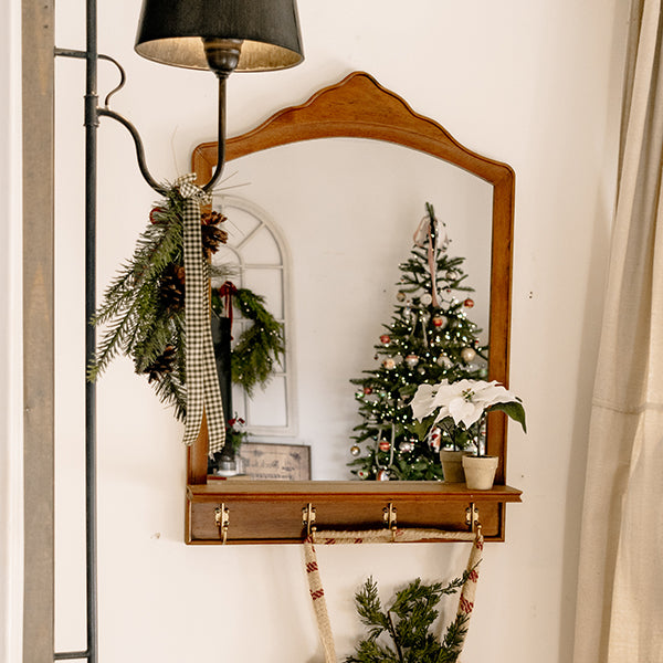 33 Inch Oak Wood Wall Mirror with Hooks and Shelf