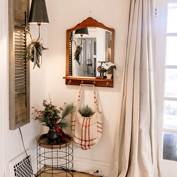 33 Inch Oak Wood Wall Mirror with Hooks and Shelf