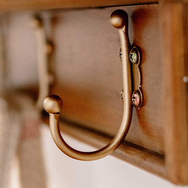33 Inch Oak Wood Wall Mirror with Hooks and Shelf
