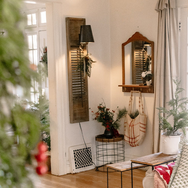 33 Inch Oak Wood Wall Mirror with Hooks and Shelf