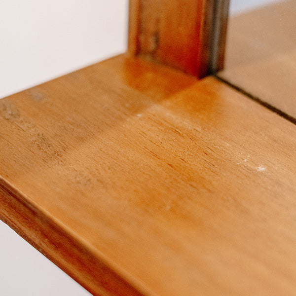 33 Inch Oak Wood Wall Mirror with Hooks and Shelf