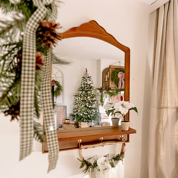 33 Inch Oak Wood Wall Mirror with Hooks and Shelf