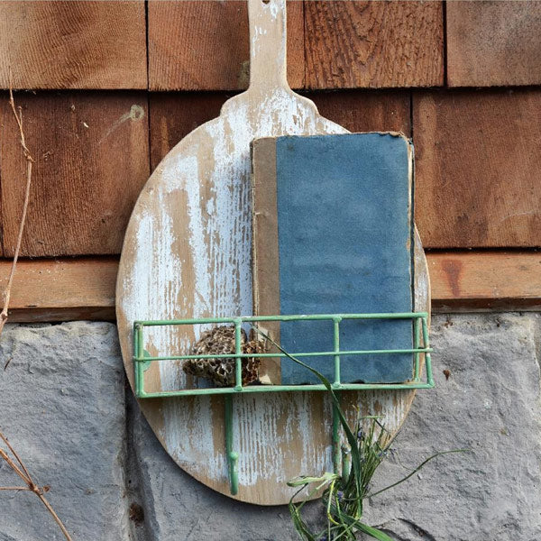 Wood Wall Shelf With Wire Basket  Vintage Farmhouse