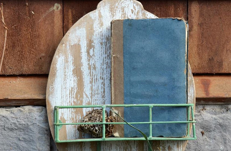 Wood Wall Shelf With Wire Basket  Vintage Farmhouse