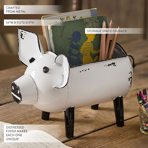 Distressed White Pig Desk Caddy