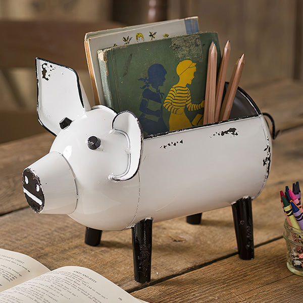 Distressed White Pig Desk Caddy
