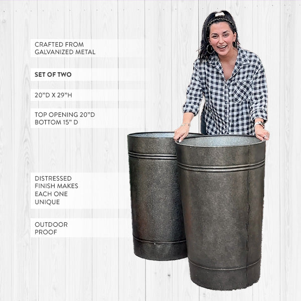 29 Inch Galvanized Metal Large Outdoor Planters, Set of 2
