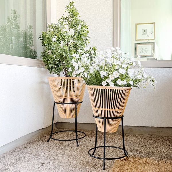 Natural Bamboo Round Planter on Metal Stand, Set of Two