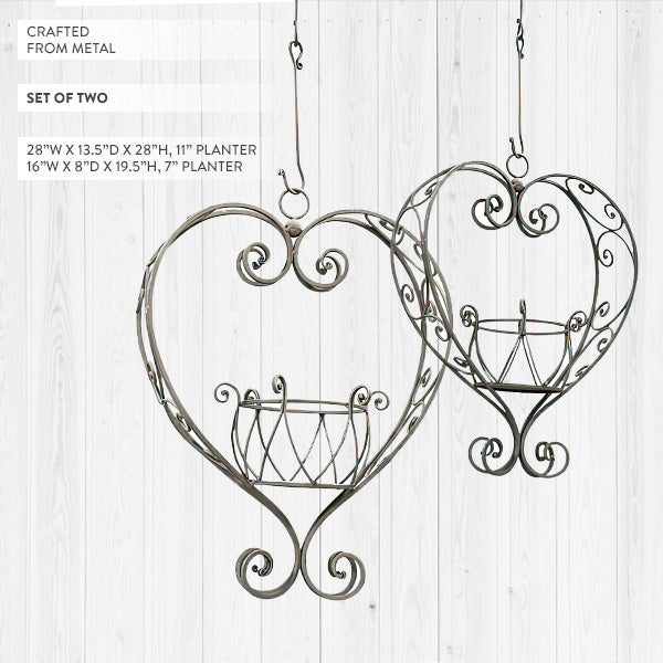 Ornamental Hanging Metal Heart Shaped Planters, Set of Two