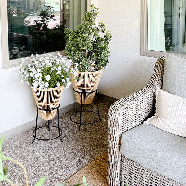 Natural Bamboo Round Planter on Metal Stand, Set of Two
