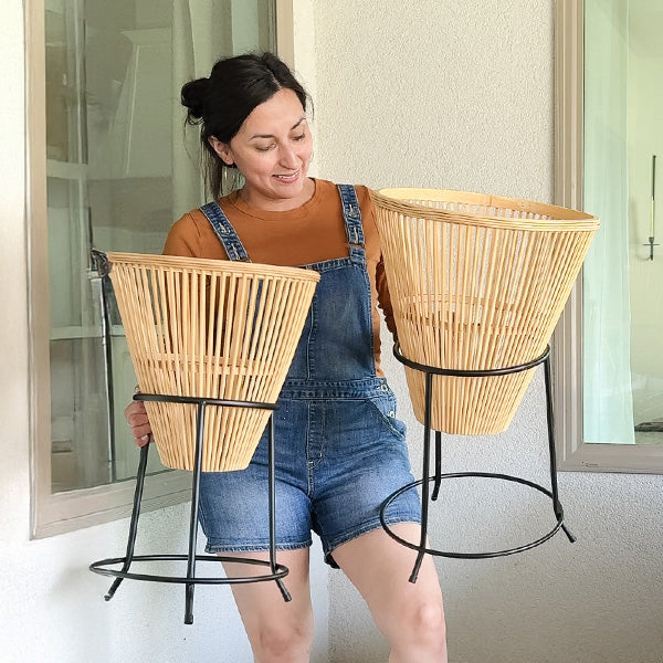 Natural Bamboo Round Planter on Metal Stand, Set of Two