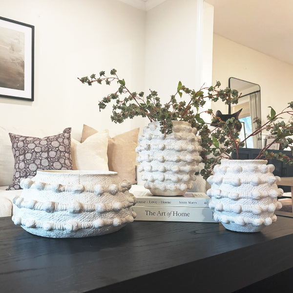 Handcrafted Textured Outdoor Antique White Planters, Set of 3