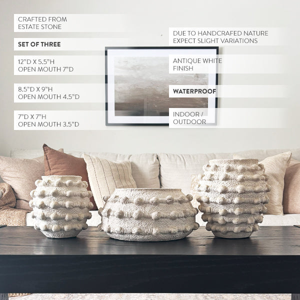 Handcrafted Textured Outdoor Antique White Planters, Set of 3