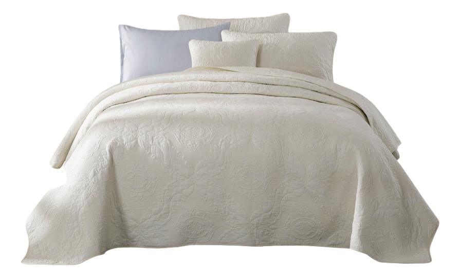 Vanilla Cream Ivory Paisley Damask Stitch Matelassé Cotton Quilt Set