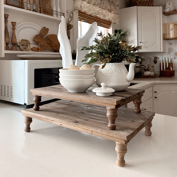 Round Footed Distressed Wood Risers, Set of Two