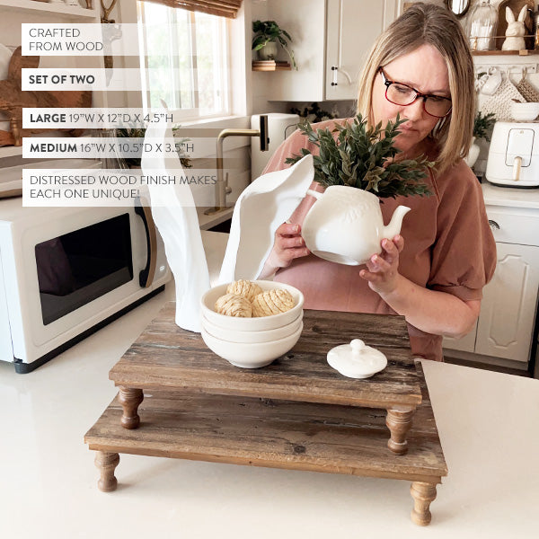 Round Footed Distressed Wood Risers, Set of Two